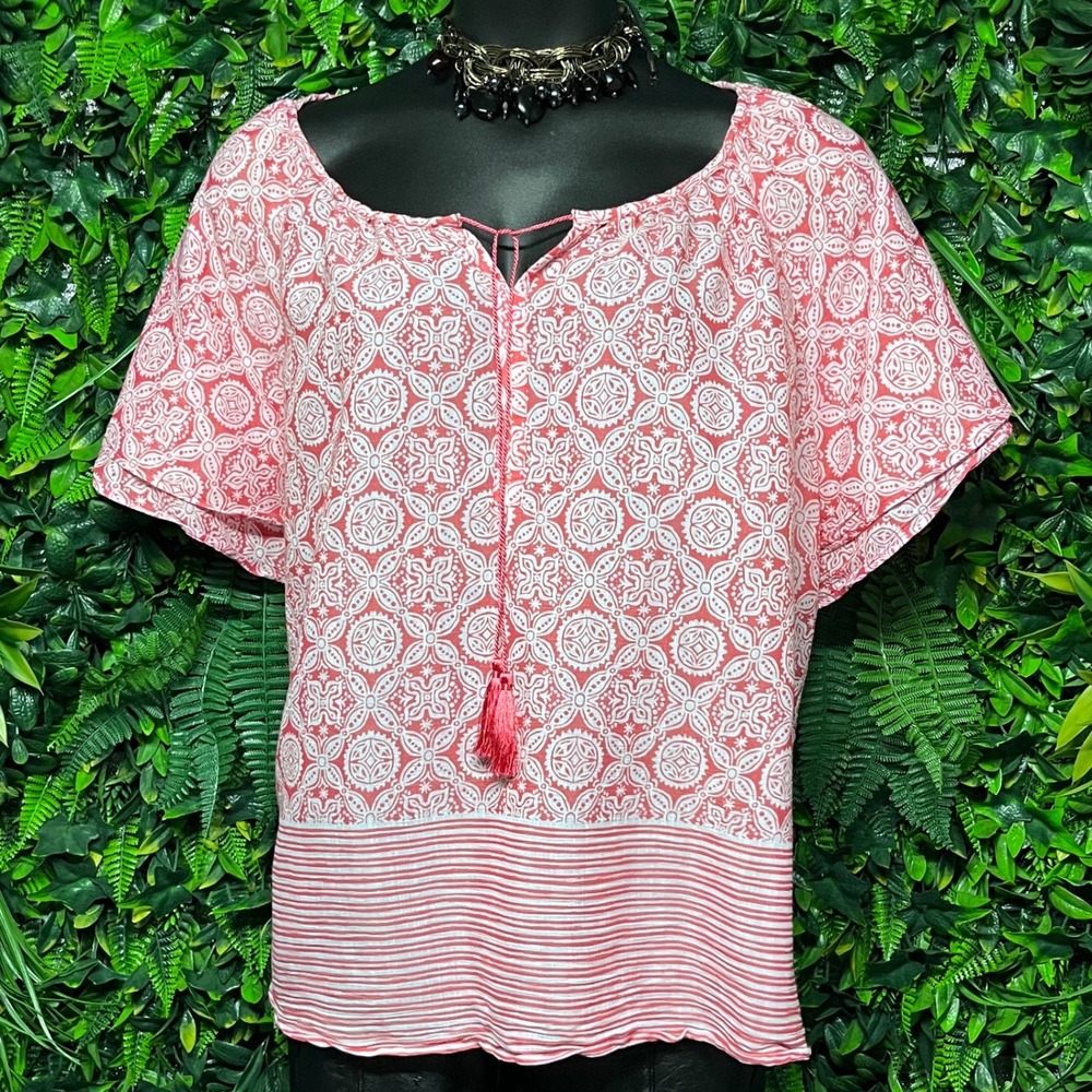 Catherines Top 2X Petite‎ Red White Floral Tassel Tie Neck Blouse Women's 3081